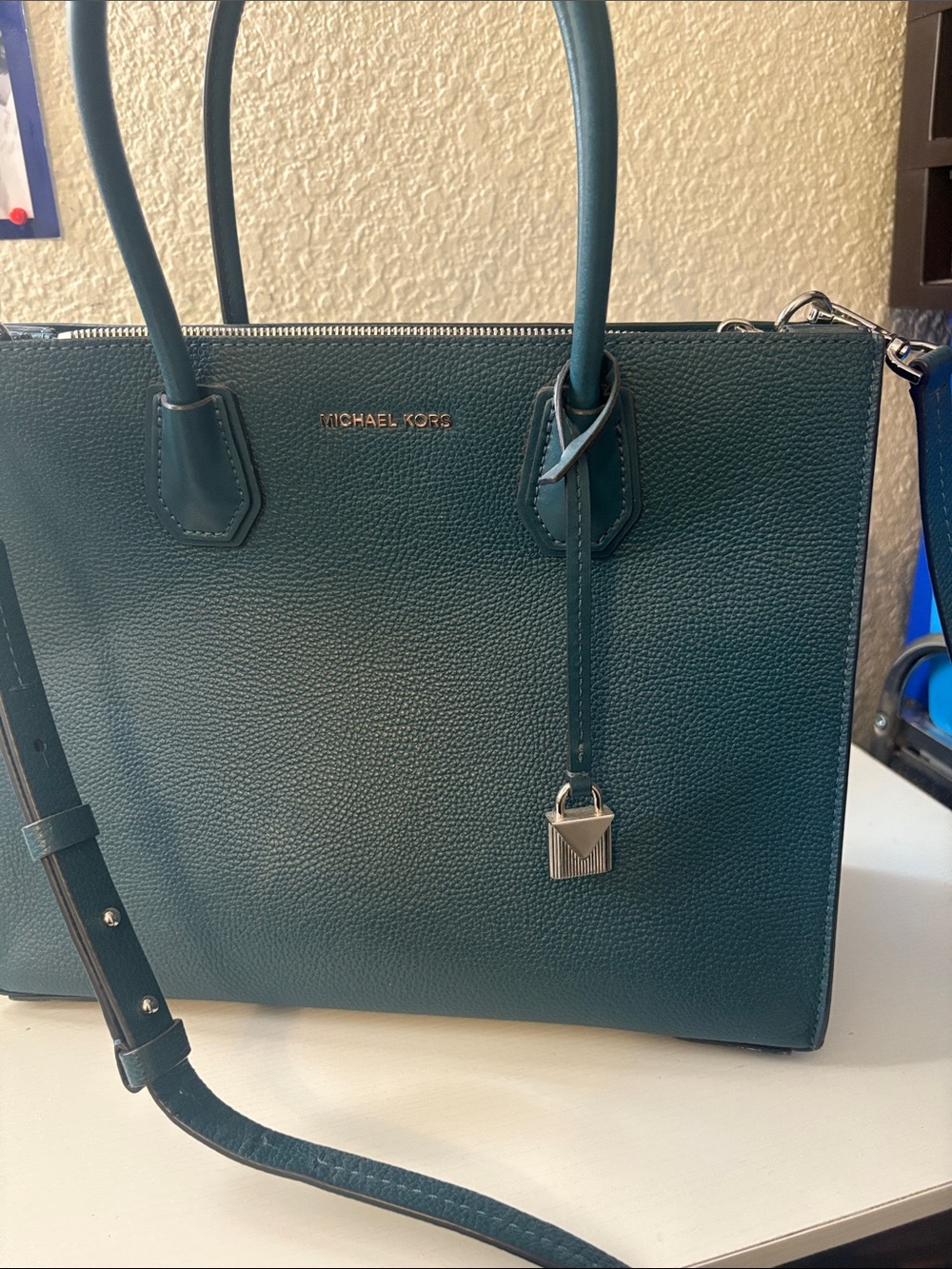 Michael Kors Teal Pebbled Leather Tote with Detachable Strap